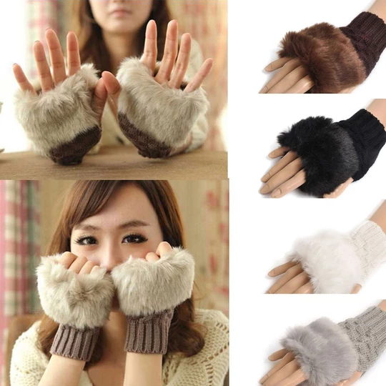 Luxurious Faux Fur Cuff Cable Knit Fingerless Gloves