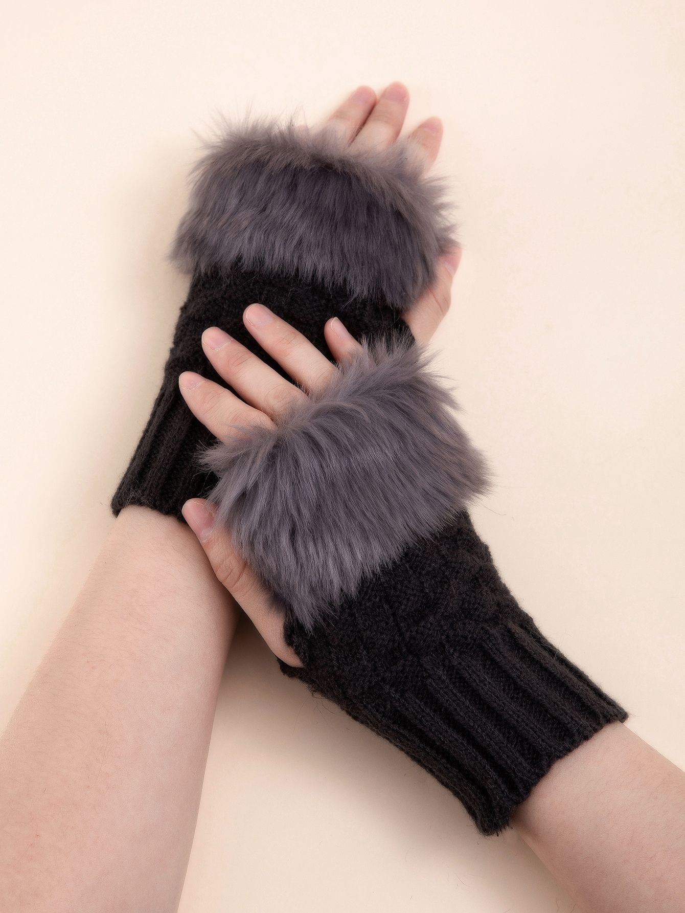 Luxurious Faux Fur Cuff Cable Knit Fingerless Gloves